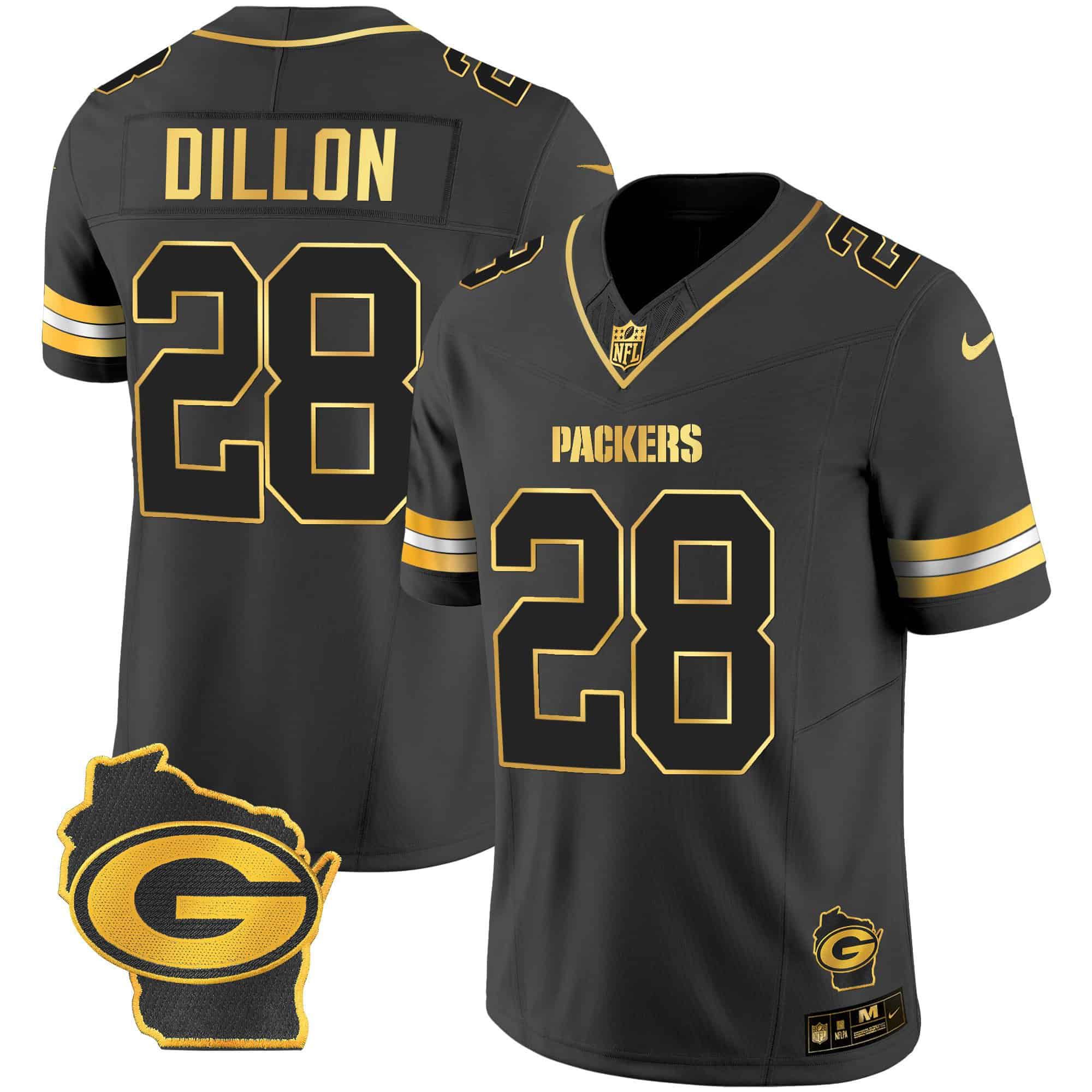 Men Green Bay Packers #28 Dillon Black Gold 2024 Nike Home Patch Vapor NFL Jersey style 2